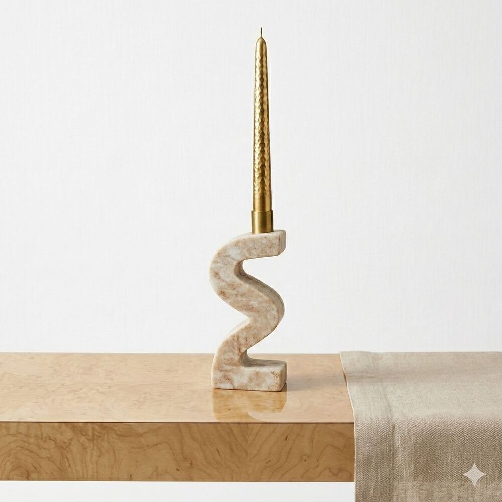 Marble Brass Abstract Zigzag Candlestick Holder Tan Handmade India Modern Decor
